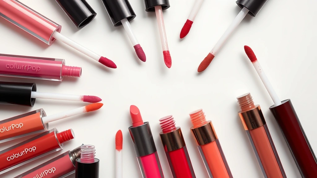 Flat lay arrangement of ColourPop liquid lipstick applicators with glossy finish, multiple shade variations displayed, professional beauty photography setup