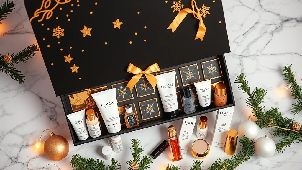 Flat lay photography of luxury cosmetic advent calendar with gold accents, featuring premium skincare bottles and makeup products artfully arranged on marble surface with holiday greenery and soft warm lighting