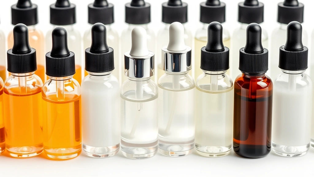 Close-up detail shot of skincare serums and moisturizers in glass bottles with droppers, arranged in rows showing different textures from clear liquids to rich creams, professional product photography on white background