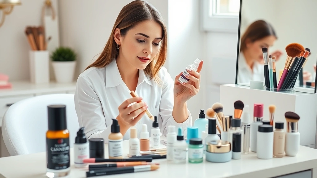 Beauty expert examining cosmetic products at vanity with natural window light, holding serum bottle, surrounded by skincare items, makeup brushes, and skincare tools, authentic professional setting