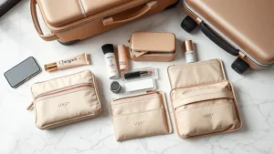 Flat lay of luxury cosmetic bag set with multiple organized pouches in neutral tones, featuring water-resistant materials, displayed on marble surface with travel luggage in background