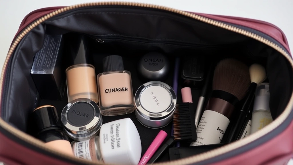 Close-up of organized cosmetic bag interior showing separated compartments with foundations, eyeshadows, brushes, and skincare products neatly arranged and labeled
