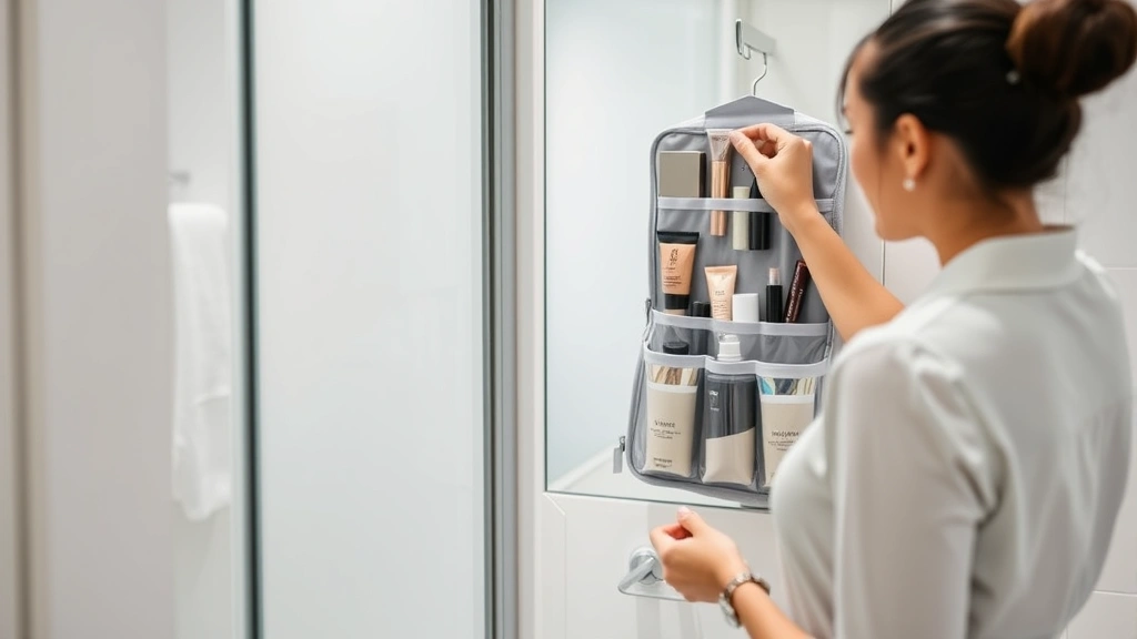 Professional makeup artist packing a hanging toiletry cosmetic bag set in hotel bathroom, showing efficient product placement and accessibility for daily beauty routine