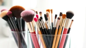 Organized cosmetic brush holder displaying various makeup brushes with natural lighting, clean glass container filled with colorful makeup brushes standing upright, soft focus vanity background