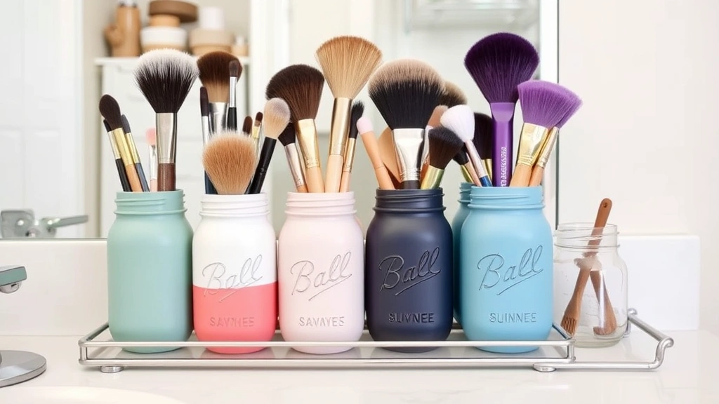 DIY decorated mason jar brush holders in different colors and finishes, brushes arranged by type and size, aesthetic bathroom vanity setup with multiple storage solutions visible