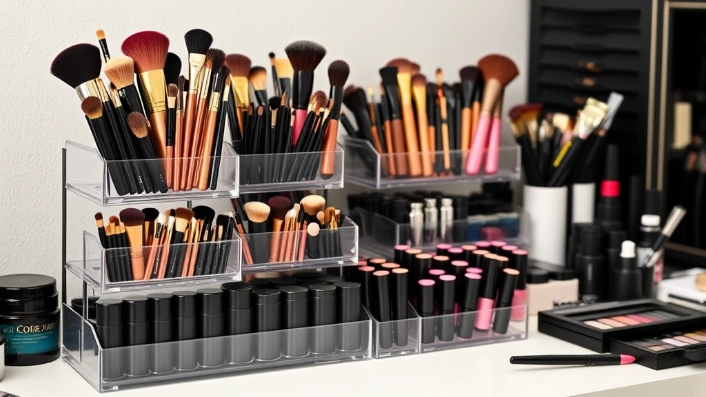 Professional makeup artist workspace showing tiered brush organization system, multiple holders with categorized brushes, organized cosmetic collection with brushes properly stored and protected