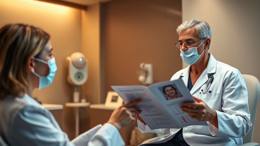 Professional medical consultation scene showing dermatologist with patient reviewing surgical options, modern clinic setting with warm lighting, focused discussion about treatment plans