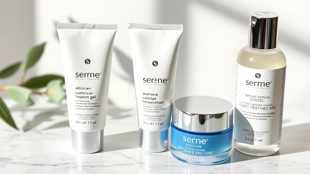 Serene skincare routine moment displaying premium skincare products arranged artfully, silicone scar treatment gel, broad-spectrum sunscreen, and gentle moisturizer on marble surface with soft natural light