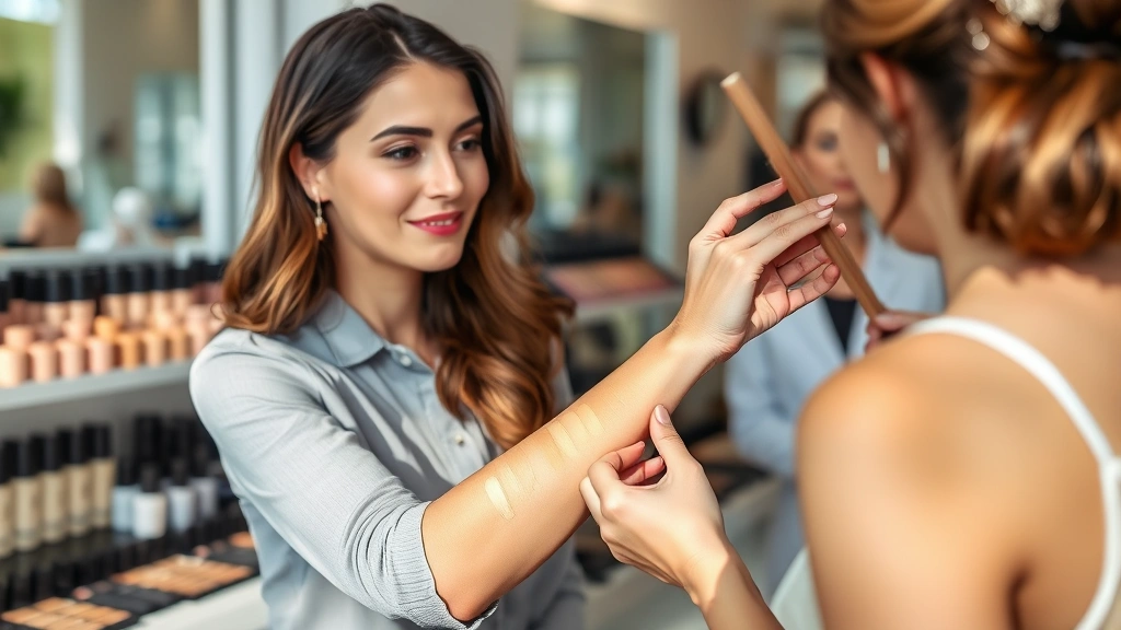 Woman swatching foundation shades on her arm at a cosmetic counter, natural daylight illuminating various undertones, professional makeup artist helping with color matching