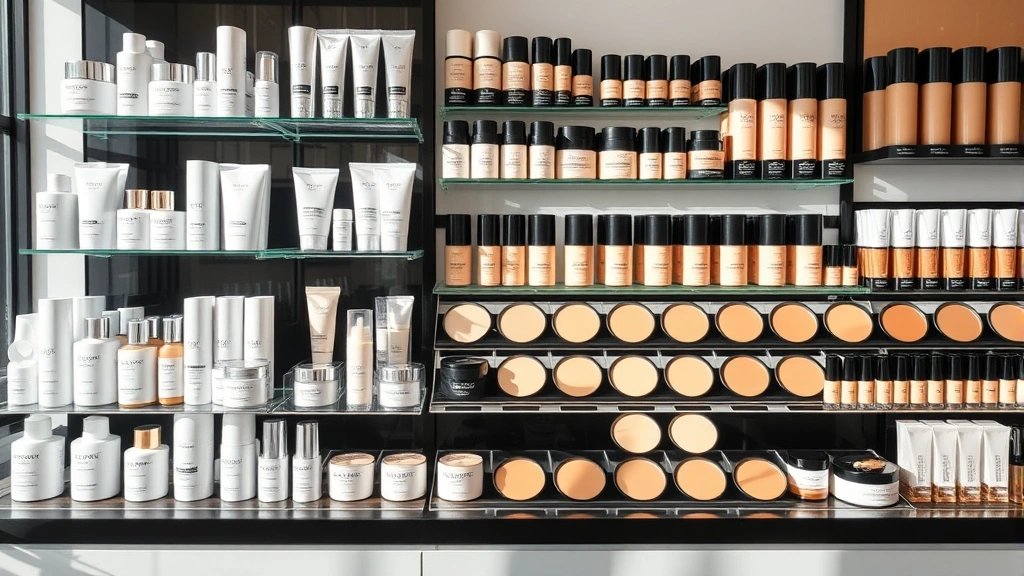 Organized cosmetic store display featuring skincare products arranged by skin type categories, multiple foundation shade ranges in natural lighting, professional beauty retail environment