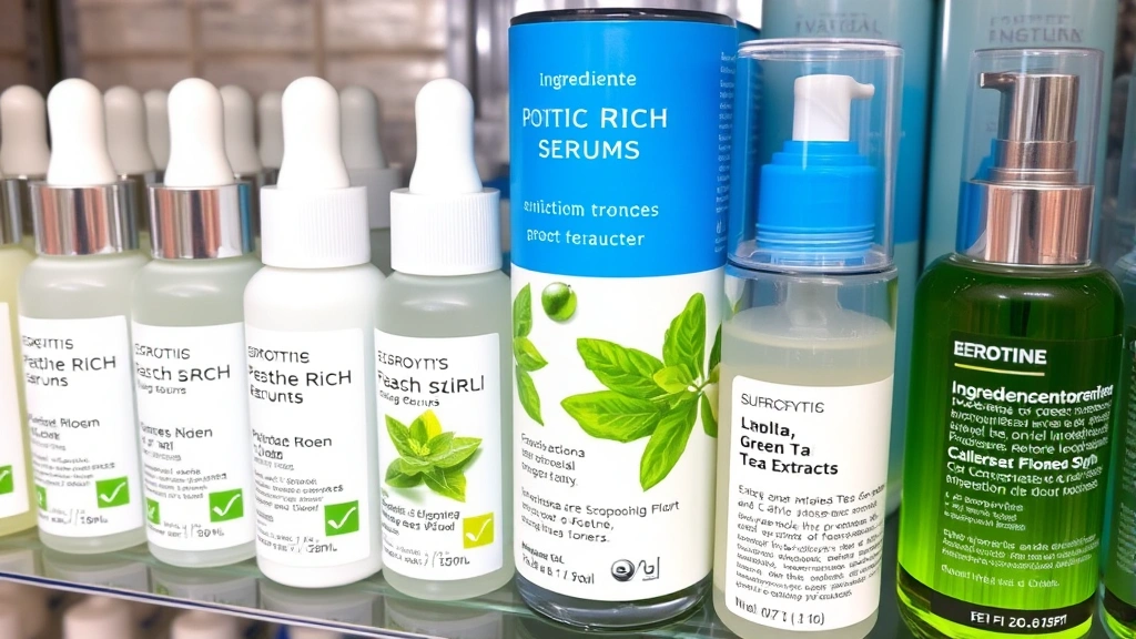 Close-up of cosmetic ingredients and product formulations, showing peptide-rich serums, green tea extracts, and facial toners displayed on shelves with ingredient information visible