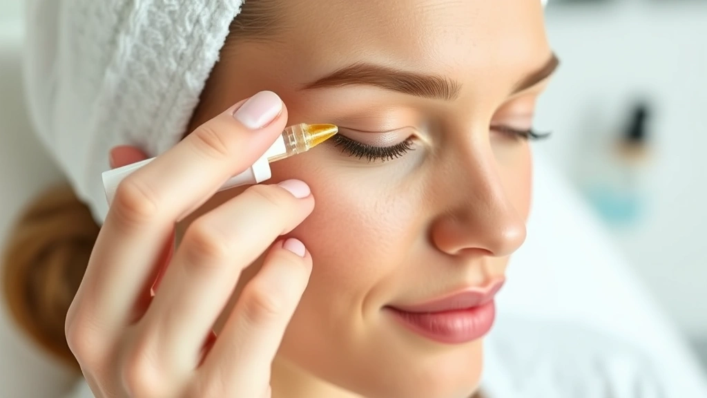 Woman applying gentle skincare serum to face with fingertips, minimal product application, focused on delicate eye area, professional spa setting, demonstrating proper gentle technique for damaged skin