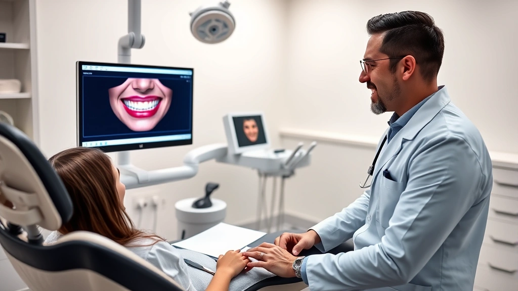 Professional cosmetic dentist performing smile design consultation using digital technology, showing before-and-after smile transformation analysis on computer screen, patient in dental chair, modern bright dental office with professional lighting and equipment