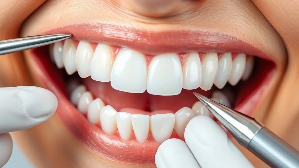 Close-up of cosmetic dental work showing porcelain veneers being placed on upper front teeth, high-resolution smile makeover in progress, professional dental instruments and materials visible, bright white teeth transformation aesthetic dentistry