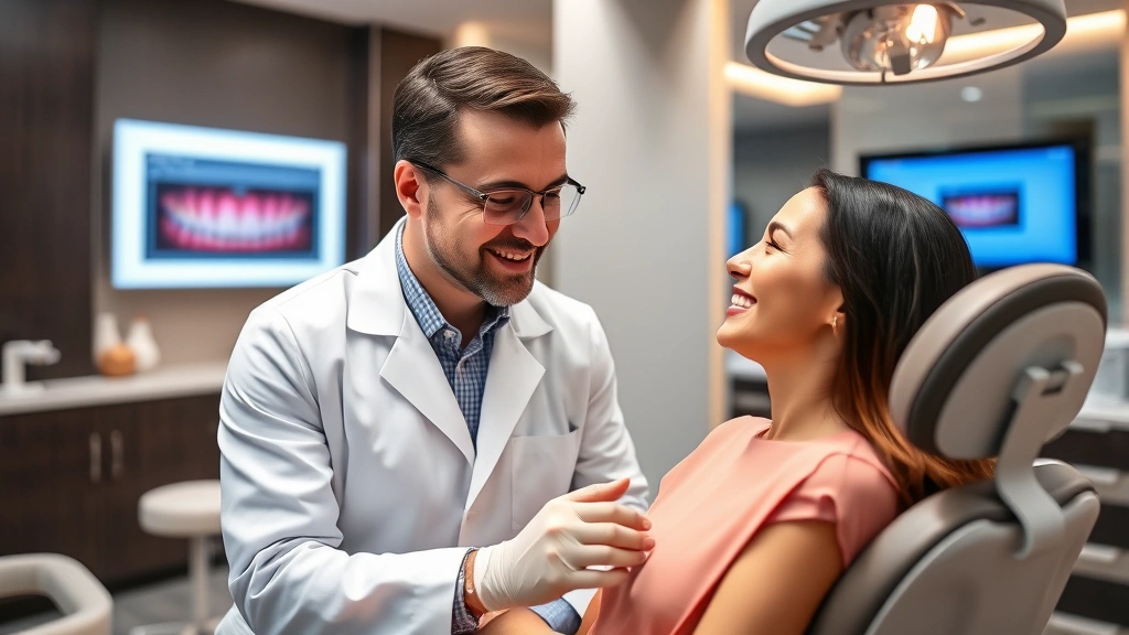 Successful cosmetic dentist in upscale modern dental practice office, reviewing smile design results with happy patient looking at mirror, both smiling, luxury dental office interior with contemporary design and professional ambiance