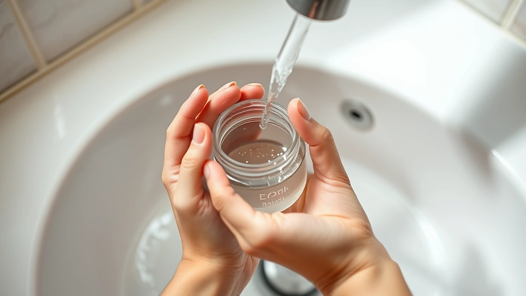 Close-up of hands rinsing and cleaning an empty cosmetic jar under running water before recycling, showing proper disposal preparation, realistic bathroom setting with soft lighting
