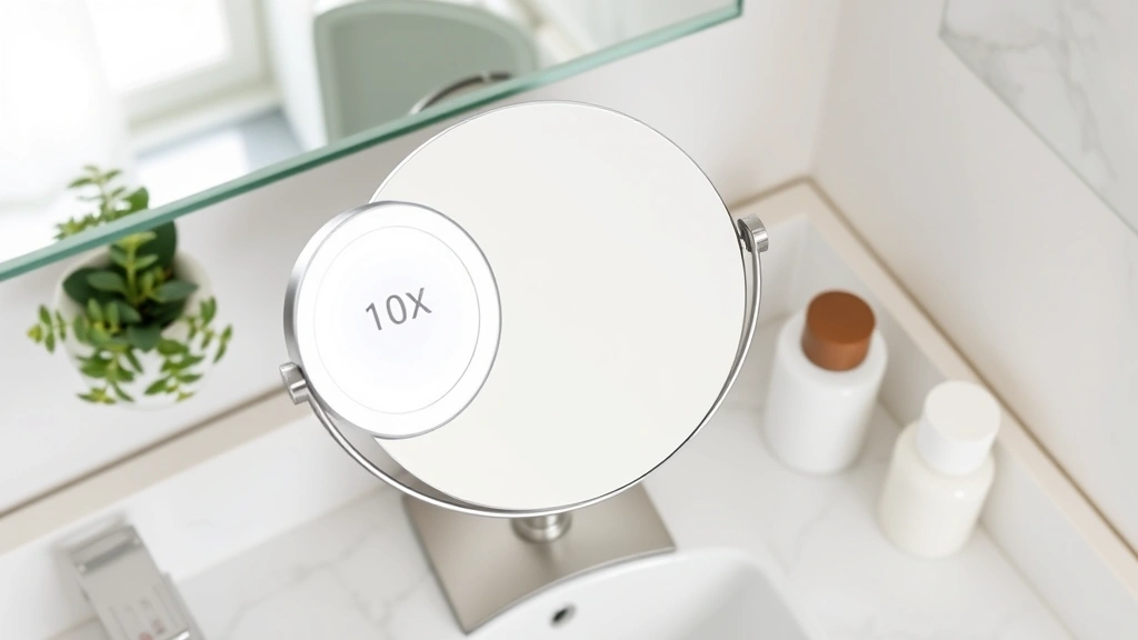 Overhead shot of desktop magnifying mirror with dual-sided design, one side showing 10x magnification, LED ring lights illuminated, modern aesthetic, clean bathroom countertop