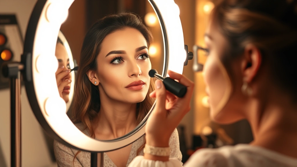 Beauty professional applying makeup using illuminated magnifying mirror, precise foundation application, warm studio lighting, focused expression, professional-grade mirror setup