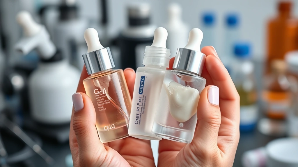 Close-up of hands holding clear gel serum and cream samples, showing texture and consistency of cosmetic formulations, professional laboratory setting with scientific instruments blurred in background