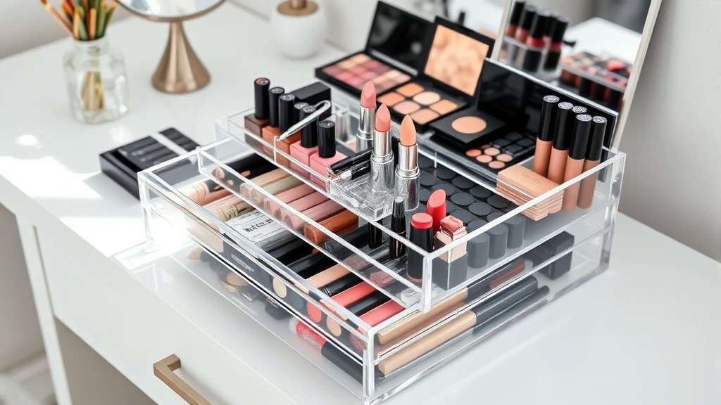 Professional cosmetic storage box with clear acrylic drawers organizing lipsticks, palettes, and brushes on white vanity, natural light, minimal aesthetic