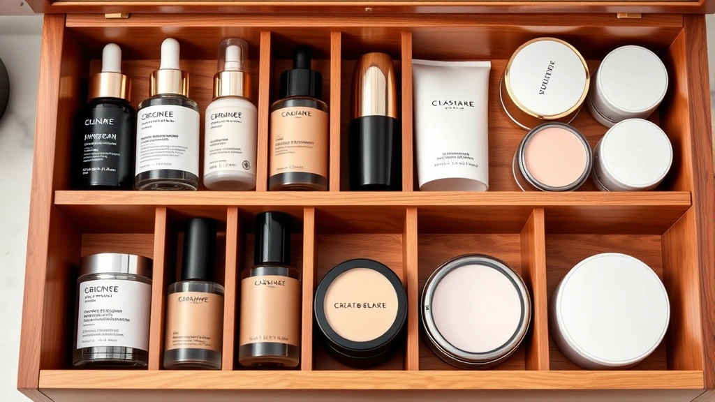 Luxurious wooden cosmetic organizer with multiple compartments containing skincare serums, foundations, and powders, showing excellent organization and product protection