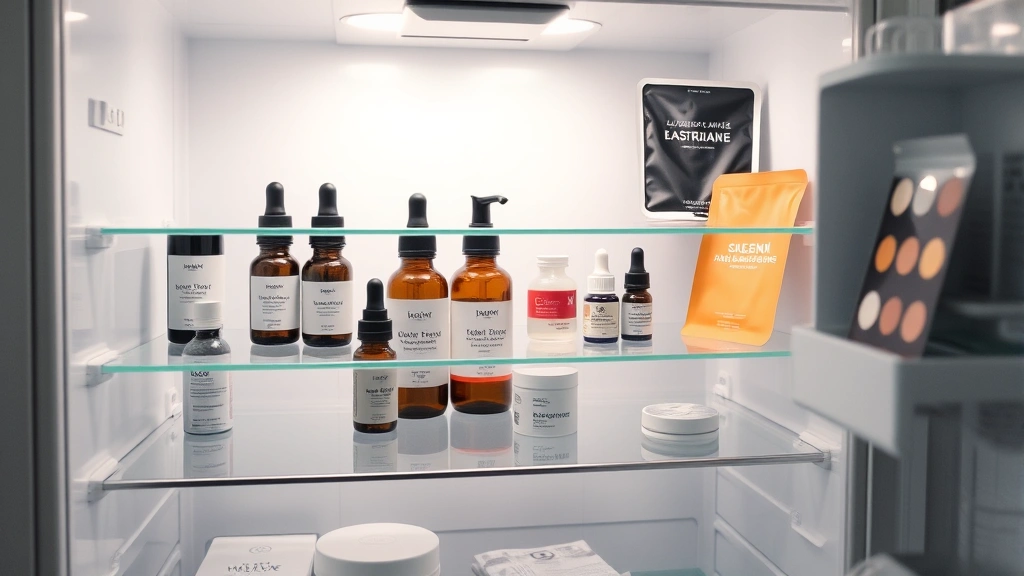 Climate-controlled beauty refrigerator displaying serums and sheet masks on glass shelves, cool aesthetic, professional skincare storage setup