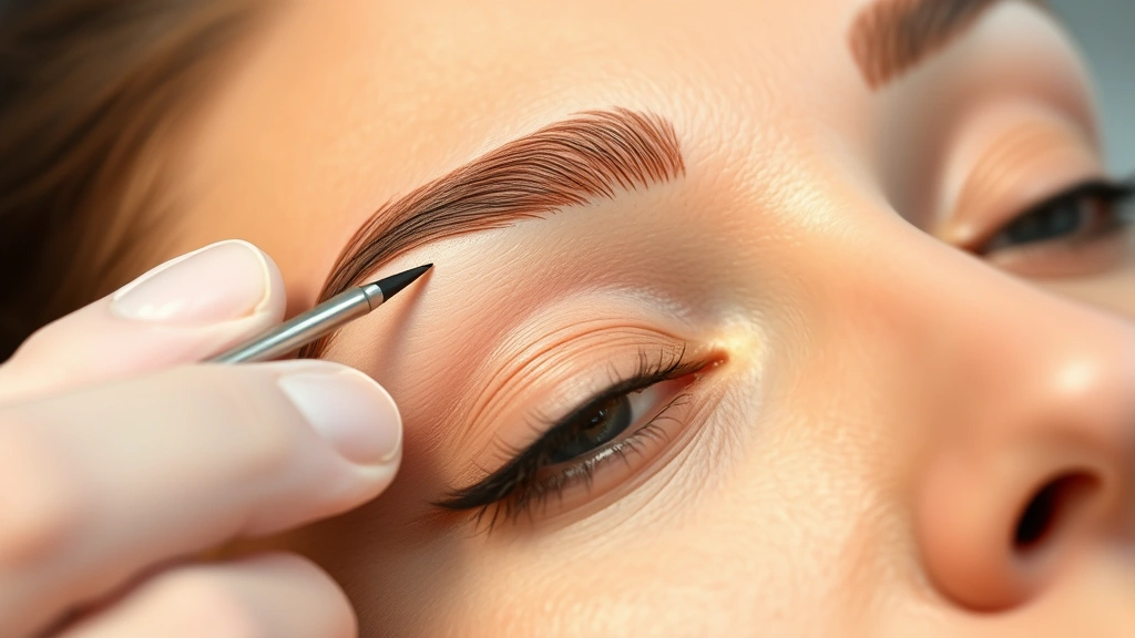 Close-up of a professional microblading eyebrow application showing precise hair-like strokes being created on a client's brow with steady hand technique and professional lighting