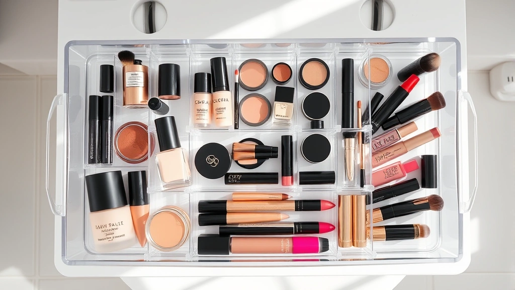 Overhead view of an organized cosmetic tray with clear acrylic compartments containing arranged makeup products - foundations, eyeshadows, brushes, and lipsticks neatly separated by category in a minimalist bathroom setting with natural lighting