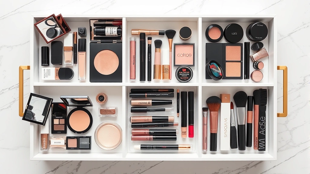 Flat lay of cosmetic tray organization system showing labeled compartments with various makeup products, open compact mirrors, and organized cosmetic tools arranged aesthetically on a marble surface with soft diffused lighting