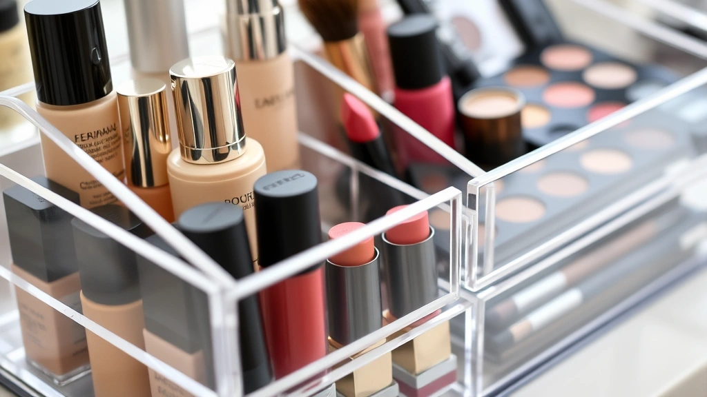 Close-up of a transparent acrylic cosmetic organizer with multiple compartments filled with foundation bottles, lipstick tubes, and eyeshadow palettes arranged neatly. Soft natural lighting highlights the clarity of the acrylic and the organized beauty products inside.