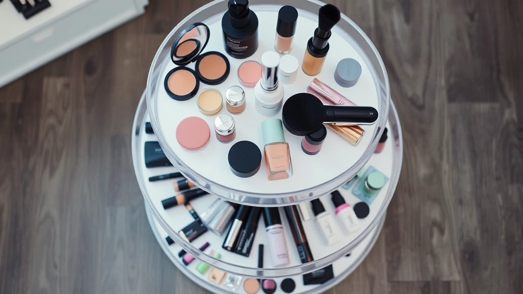 Overhead view of a rotating carousel makeup organizer with four tiers displaying various cosmetic products including compacts, brushes, and liquid products. The carousel is mid-rotation showing different product categories clearly visible from above.