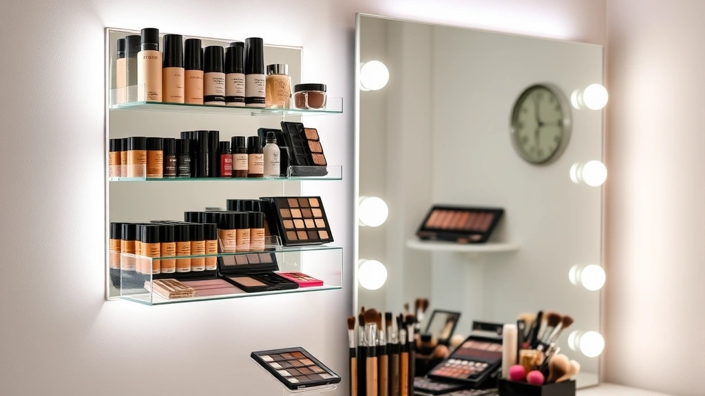 Elegant wall-mounted vanity organization system with tiered acrylic shelves displaying foundations, primers, eyeshadow palettes, and brushes. A large illuminated mirror reflects organized cosmetics, showing a complete beauty station setup in soft, flattering lighting.