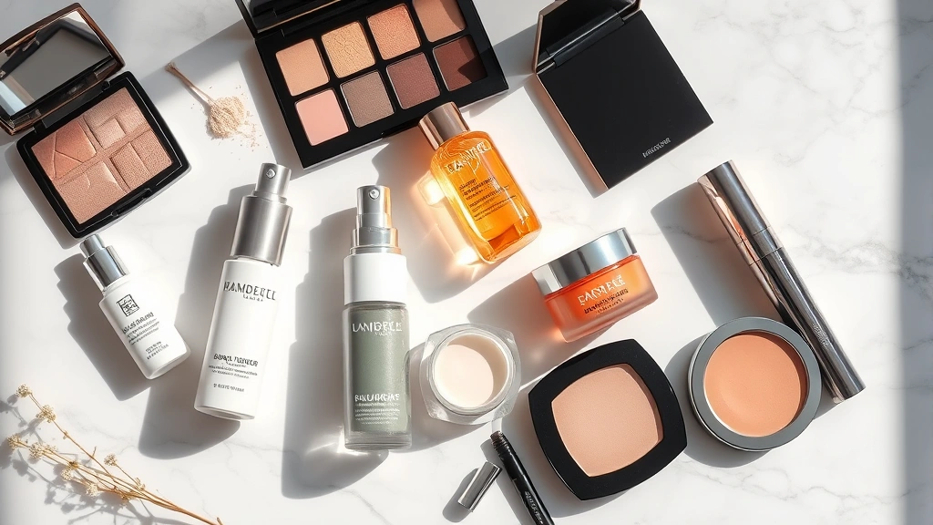 Professional flat lay of luxury cosmetics including serums, creams, and makeup on marble surface with natural morning light, featuring visible ingredients and product textures
