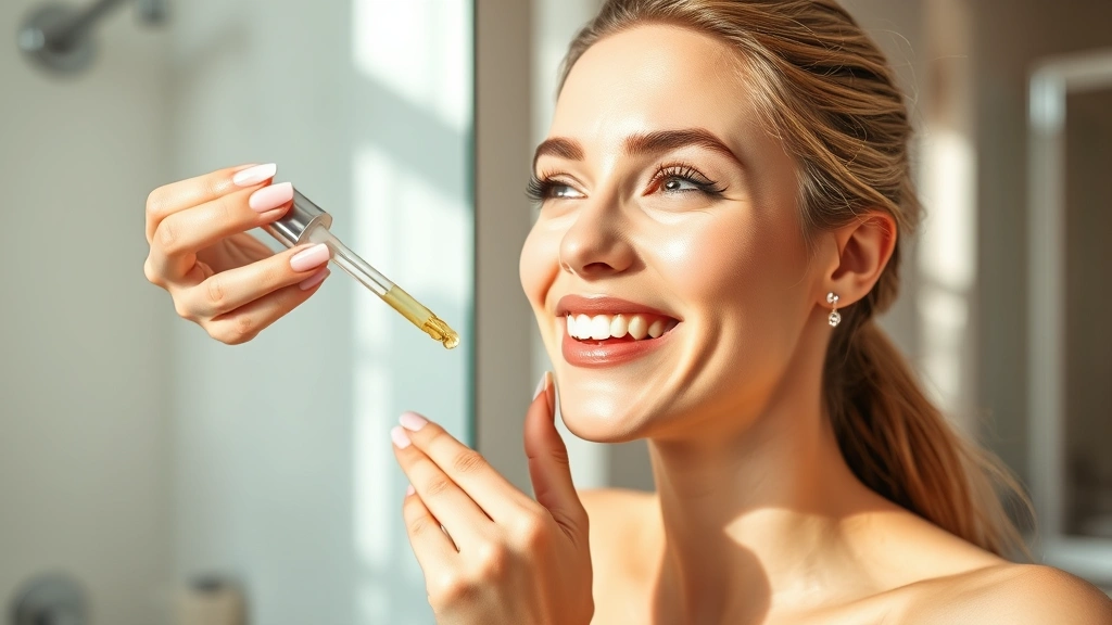 Young woman applying skincare serum to face in modern bathroom, showing genuine expression of satisfaction, natural lighting highlighting product texture and skin glow