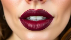 Close-up of woman's lips wearing rich burgundy matte lipstick, smooth application, natural daylight, professional makeup look, no text or labels visible