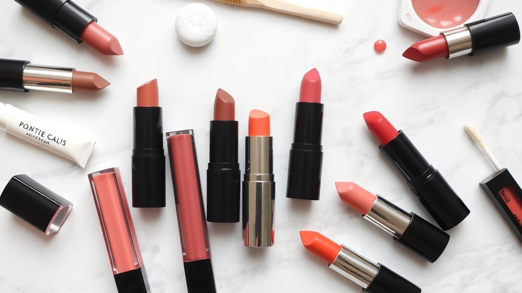 Flat lay arrangement of opened matte lipstick products showing various warm and cool-toned shades, lip balms, and exfoliation tools on marble surface, beauty photography