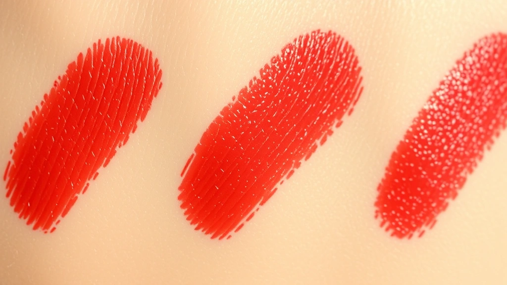 Close-up of vintage 1950s lipstick swatches on skin showing rich carmine red pigment with dimensional depth, natural lighting highlighting the creamy texture and smooth application, no product packaging visible