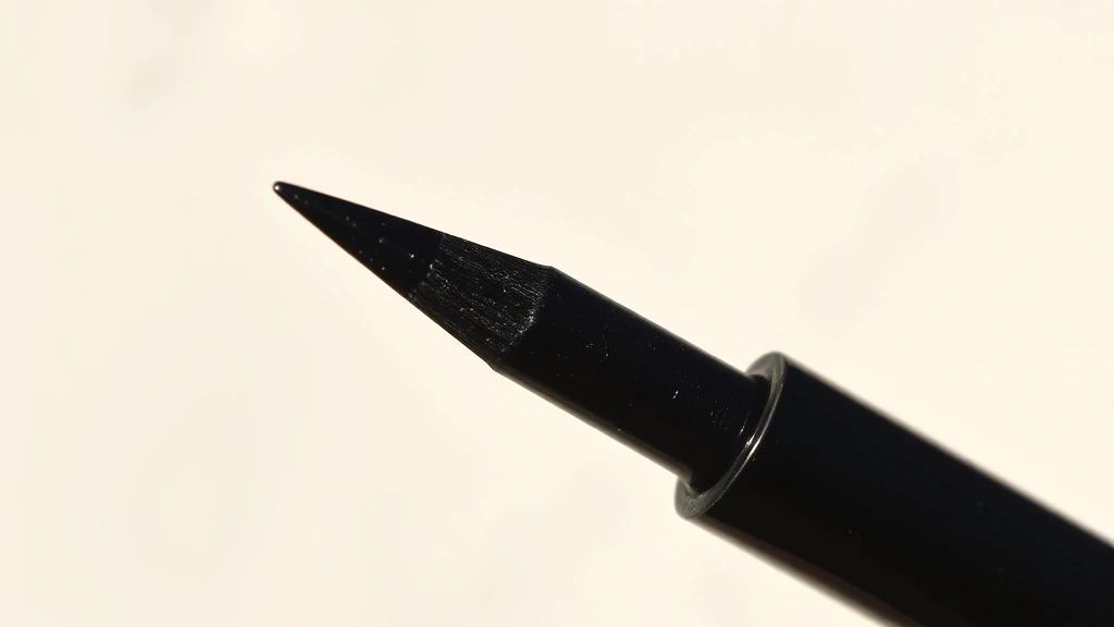 Detailed macro photograph of vintage 1960s liquid eyeliner brush tip with glossy black formula demonstrating perfect flow consistency, positioned against neutral background with natural shadows, no packaging or product names visible