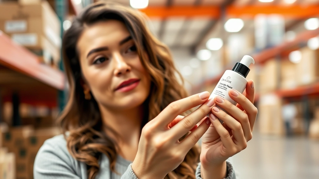 Woman examining skincare product ingredient label at Costco warehouse, professional lighting, holding moisturizer bottle with focus on hands and product, natural warehouse background