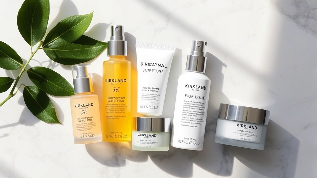 Flat lay of Kirkland Signature cosmetics collection including serum, moisturizer, sunscreen, and eye cream arranged on marble surface with green plant, natural daylight