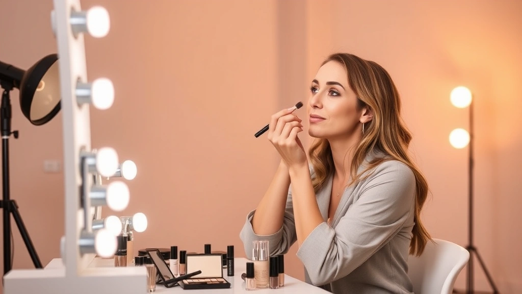 Beauty expert applying foundation makeup in professional studio, demonstrating application technique with Costco cosmetics products visible on vanity table, warm lighting