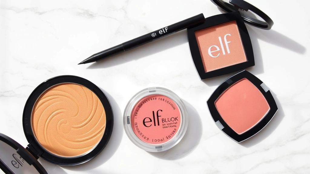 Flat lay arrangement of popular ELF cosmetics products including bronzer, eyeliner, and blush on marble surface with soft shadows