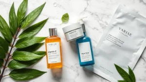 Flat lay composition of skincare products including vitamin C serum bottle, ceramic jar of moisturizer, hydrating toner bottle, and sheet mask arranged on marble surface with fresh green leaves and water droplets, professional product photography lighting, luxury beauty aesthetic