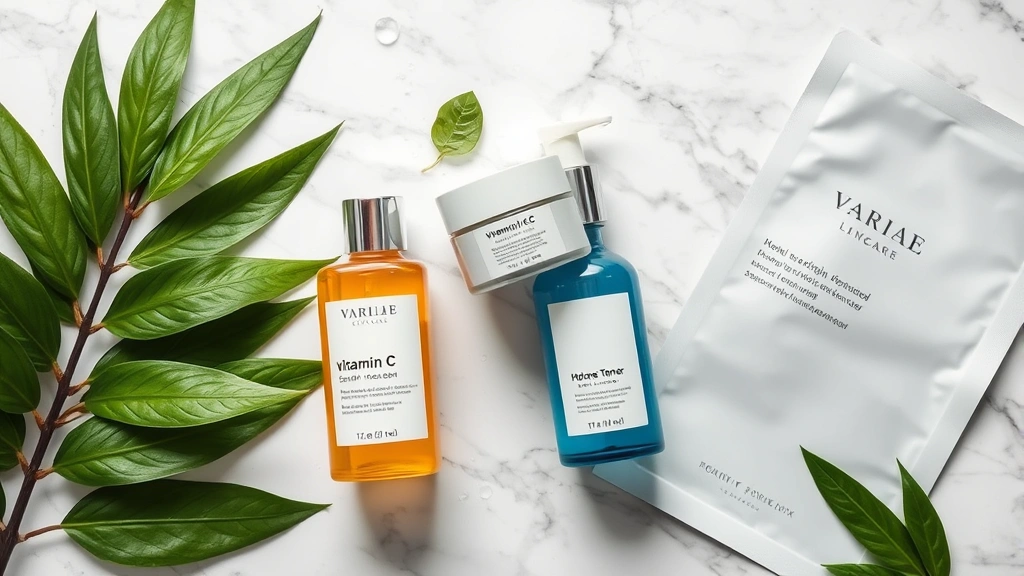 Flat lay composition of skincare products including vitamin C serum bottle, ceramic jar of moisturizer, hydrating toner bottle, and sheet mask arranged on marble surface with fresh green leaves and water droplets, professional product photography lighting, luxury beauty aesthetic