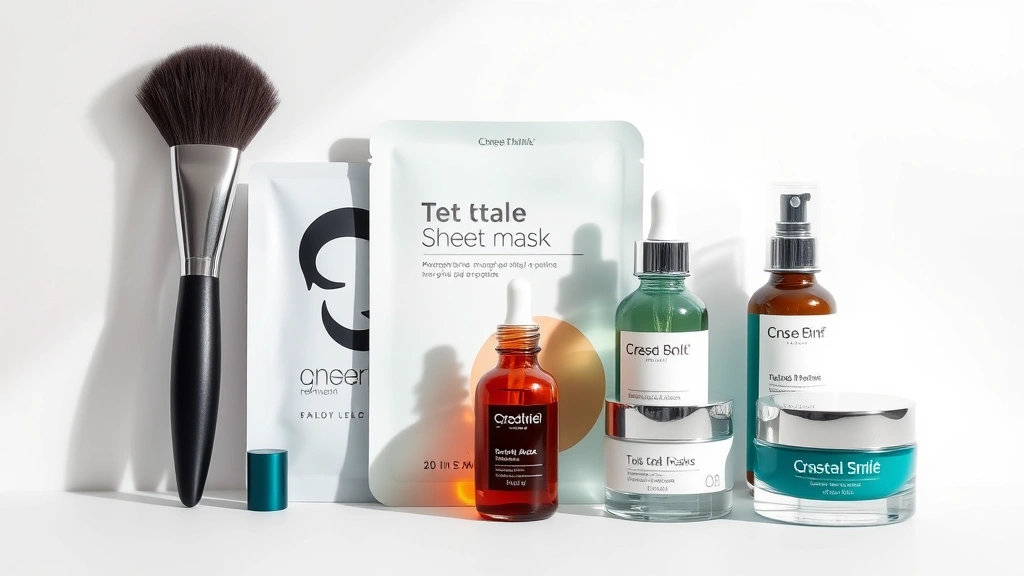Arranged collection of beauty items including facial brush, sheet mask package, serum dropper, and cream jar displayed on white background with subtle shadows, minimalist styling, showcasing product diversity and premium packaging design