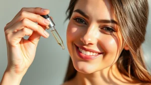 A woman with glowing, clear skin applying a lightweight serum from a dropper bottle to her clean face, natural lighting highlighting her radiant complexion and hydrated skin texture