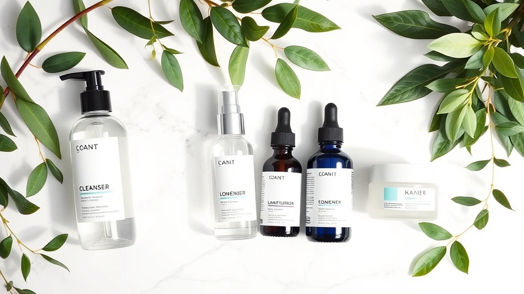 Flat lay arrangement of skincare bottles including cleanser, toner, serum, and moisturizer on a white marble surface with green plants and soft morning light, organized by product type