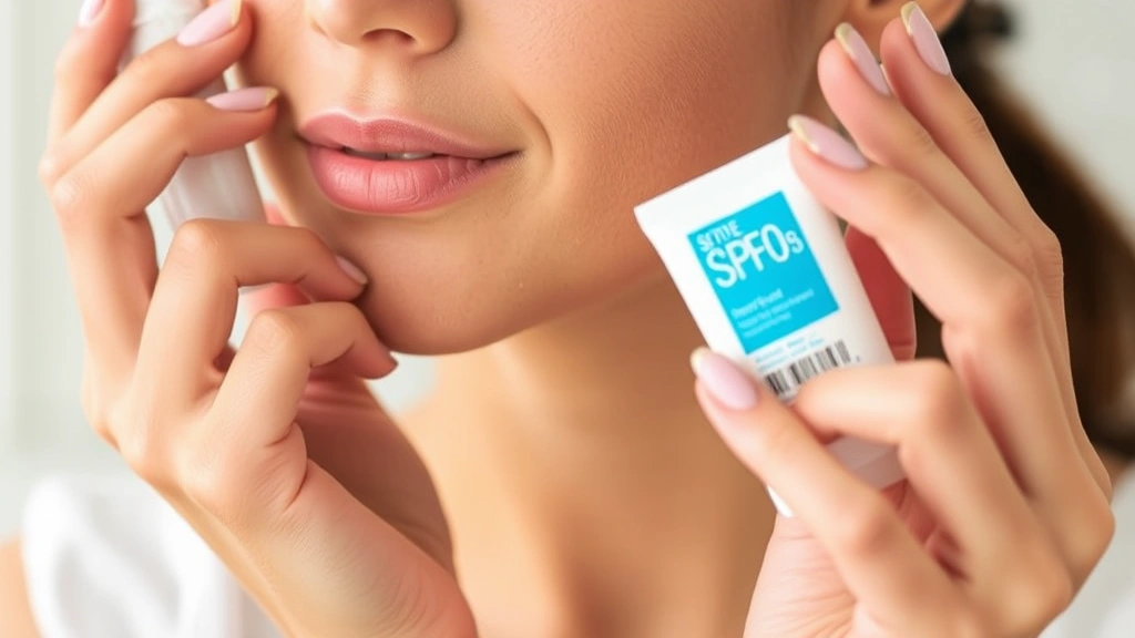 Close-up of hands holding an SPF 50 sunscreen bottle with a woman applying it to her face, showing the final step of a complete morning skincare routine with visible sun protection