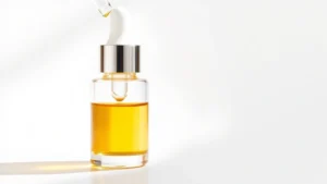 Close-up of a glass dropper bottle containing clear golden serum against a white minimalist background with soft natural lighting, suggesting vitamin C or antioxidant skincare product, photorealistic professional product photography