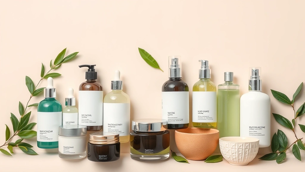 Flat lay of professional skincare bottles and jars arranged artfully with fresh ingredients like green tea leaves and ceramics, clinical aesthetic suggesting dermatological formulation, minimalist composition with neutral background